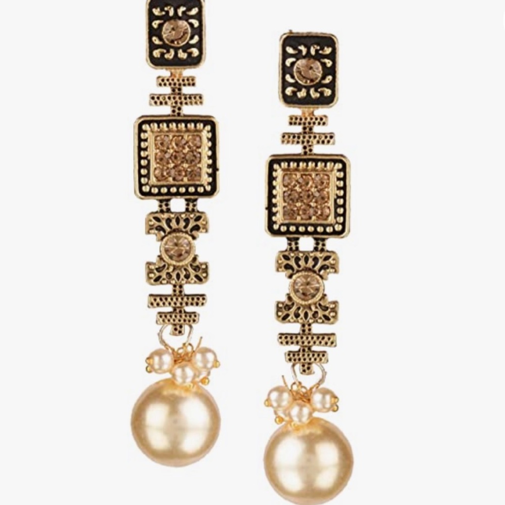Vintage Antique Pearl Drop Boho Ethnic Gypsy Tribal Indian Dangle Gold Earrings